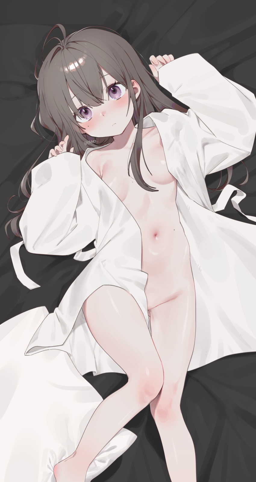1girl absurdres antenna_hair arms_up bathrobe black_hair blush breasts feet_out_of_frame grey_eyes highres long_hair looking_at_viewer lying mole mole_under_eye naked_robe on_back open_clothes open_robe original pillow robe rubyaano_(ducl323) sleeves_past_wrists small_breasts solo