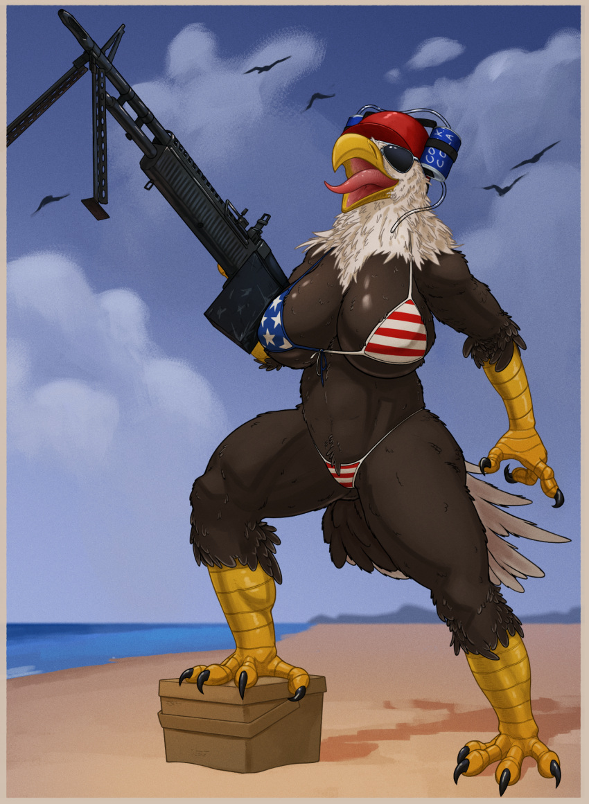 accipitrid accipitriform american_flag_bikini anthro avian bald_eagle beach big_breasts bikini bikini_thong bikini_top bird breasts clothing digital_media_(artwork) eagle eyewear feathers female gun hi_res holding_object outside pose ranged_weapon sand sea_eagle seaside sky smile solo sunglasses swimwear tall_lizzard_(artist) thick_thighs water weapon wide_hips