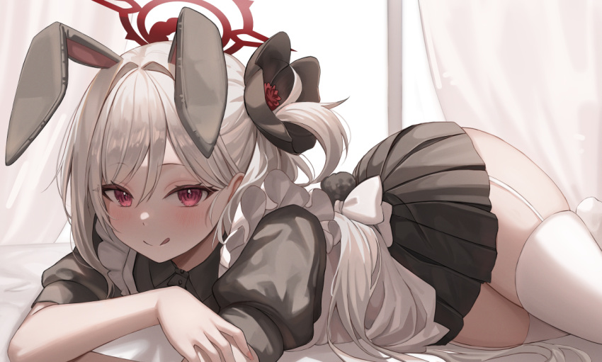 1girl animal_ears apron black_scrunchie black_shirt black_skirt blue_archive blush closed_mouth collared_shirt fake_animal_ears grey_hair hair_ornament hair_scrunchie halo long_hair looking_at_viewer mutsuki_(blue_archive) ochya pleated_skirt purple_eyes rabbit_ears rabbit_tail red_halo scrunchie shirt side_ponytail skirt smile solo tail thighhighs tongue tongue_out white_apron white_thighhighs