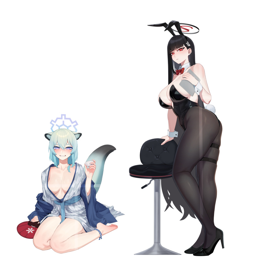 2girls absurdres animal_ears ass bare_shoulders barefoot black_footwear black_hair black_pantyhose blue_archive blue_hair blush bow bowtie breasts cleavage detached_collar fake_animal_ears grin hair_ornament hairclip halo hand_fan high_heels highres holding holding_fan japanese_clothes jdw kimono large_breasts long_hair looking_at_viewer multiple_girls pantyhose purple_eyes rabbit_ears rabbit_tail red_eyes rio_(blue_archive) shigure_(blue_archive) shigure_(hot_spring)_(blue_archive) short_hair simple_background sitting smile stool table tail thigh_strap white_background wrist_cuffs