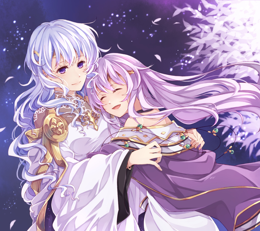 2girls bare_shoulders blue_hair circlet closed_eyes deirdre_(fire_emblem) dress fire_emblem fire_emblem:_genealogy_of_the_holy_war highres julia_(fire_emblem) light_blue_hair long_hair melka_(elyss-abyss) mother_and_daughter multiple_girls open_mouth purple_eyes purple_hair smile