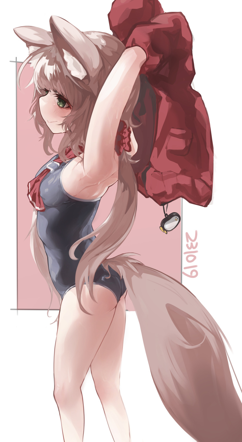 1girl absurdres animal_ear_fluff animal_ears armpits arms_up ass breasts brown_eyes brown_hair character_request clothes_lift fox_girl fox_tail from_side fromoutremer highres long_hair old_school_swimsuit one-piece_swimsuit ponytail red_shirt rimworld school_swimsuit shirt shirt_lift small_breasts smile solo swimsuit swimsuit_under_clothes tail thighs undressing