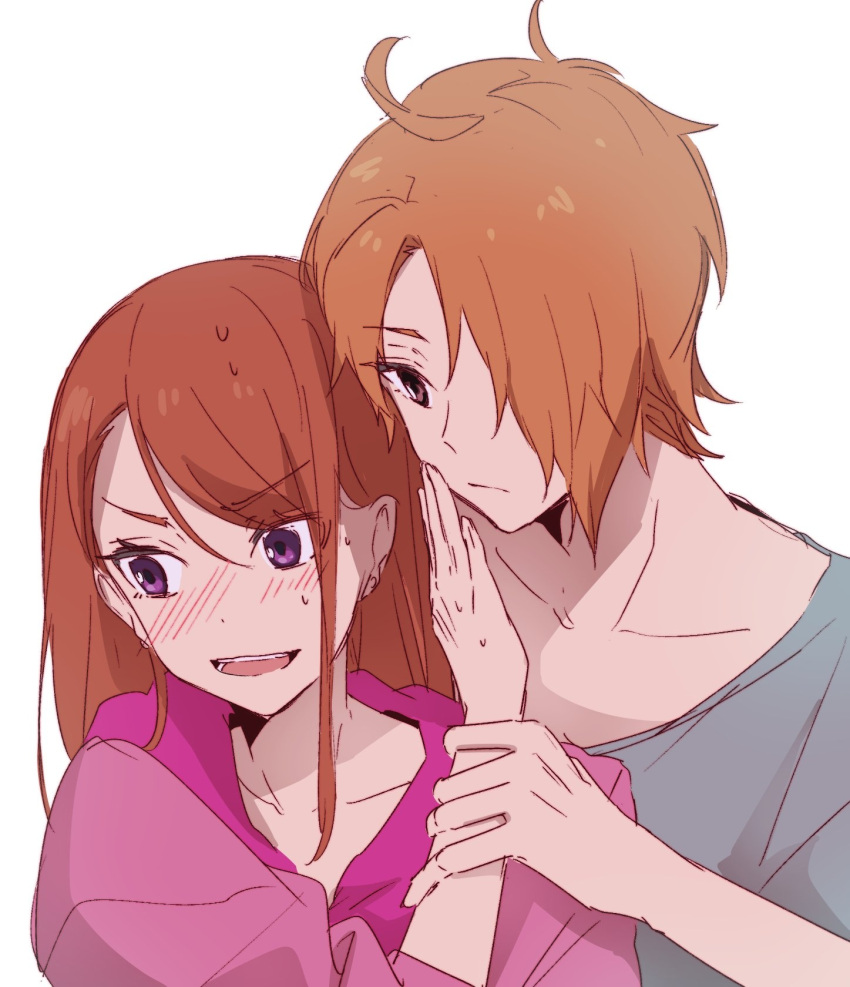 1boy 1girl :| ahoge averting_eyes ayame_iro_(toumei_dolce) blue_shirt blush brown_eyes brown_hair closed_mouth collarbone dot_nose hair_over_one_eye hetero highres hijiri_ageha hirogaru_sky!_precure holding_another's_wrist hood hood_down hoodie long_hair long_sleeves nose_blush one_eye_covered open_mouth orange_hair parted_bangs pink_hoodie precure purple_eyes shirt short_sleeves sidelocks simple_background sweatdrop teeth upper_body upper_teeth_only v-shaped_eyebrows white_background yuunagi_tsubasa