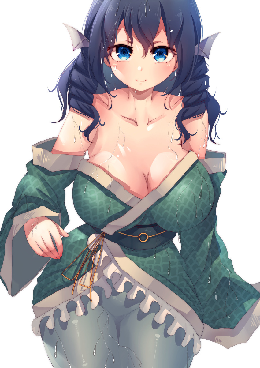 1girl absurdres bare_shoulders blue_eyes blue_hair breasts cleavage closed_mouth collarbone commentary drill_hair drill_sidelocks fins frilled_kimono frills green_kimono head_fins highres japanese_clothes kimono large_breasts medium_hair mermaid monster_girl obi off_shoulder penglai_tea sash sidelocks simple_background smile solo symbol-only_commentary touhou variant_set wakasagihime wet white_background