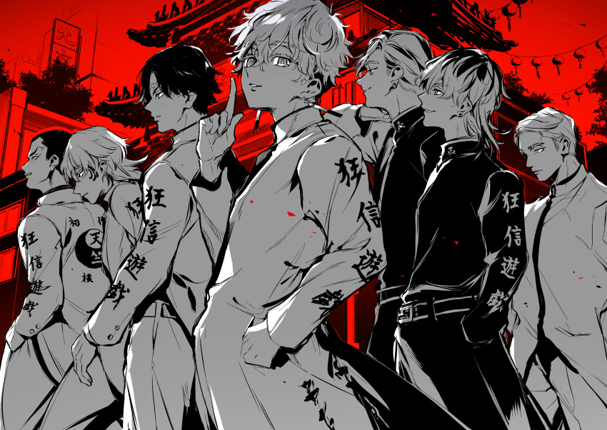 6+boys absurdres bmw_(man24) closed_mouth coat ear_piercing earrings facial_tattoo greyscale_with_colored_background haitani_ran haitani_rindou hand_up hands_in_pockets highres jacket jewelry kakuchou kurokawa_izana long_sleeves looking_away madarame_shion male_focus medium_hair mochizuki_kanji multiple_boys mutou_yasuhiro pants piercing profile short_hair smile tattoo tokyo_revengers