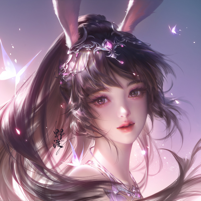 1girl absurdres animal_ears bare_shoulders brown_hair bug butterfly closed_mouth douluo_dalu dress dusk floating_hair hair_ornament head highres looking_at_viewer pink_dress ponytail rabbit_ears second-party_source smile solo turning_head upper_body xiao_wu_(douluo_dalu) yuanzi_lin