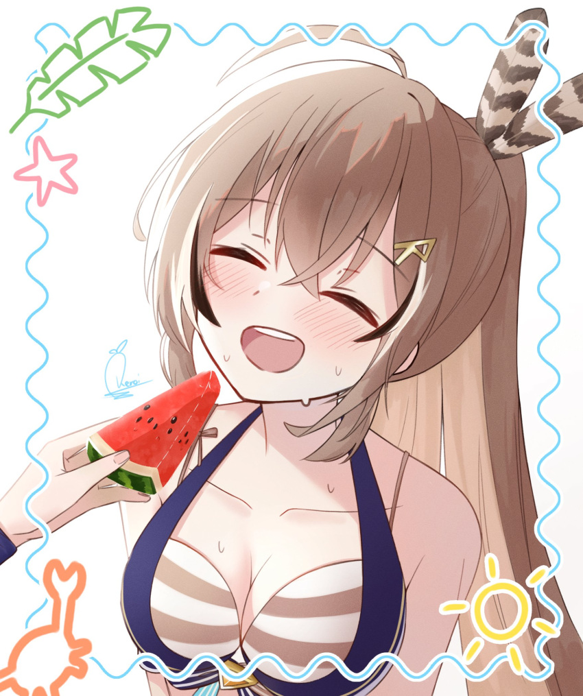 1girl ahoge black_hair breasts brown_hair cleavage crossed_bangs daikon_keroi feather_hair_ornament feathers food fruit giving_food hair_ornament hairclip highres hololive hololive_english hololive_summer_2023_swimsuit long_hair medium_breasts multicolored_hair nanashi_mumei open_mouth ponytail runes sidelocks signature simple_background smile solo star_(symbol) streaked_hair sun_symbol sweat swimsuit virtual_youtuber watermelon white_background white_hair