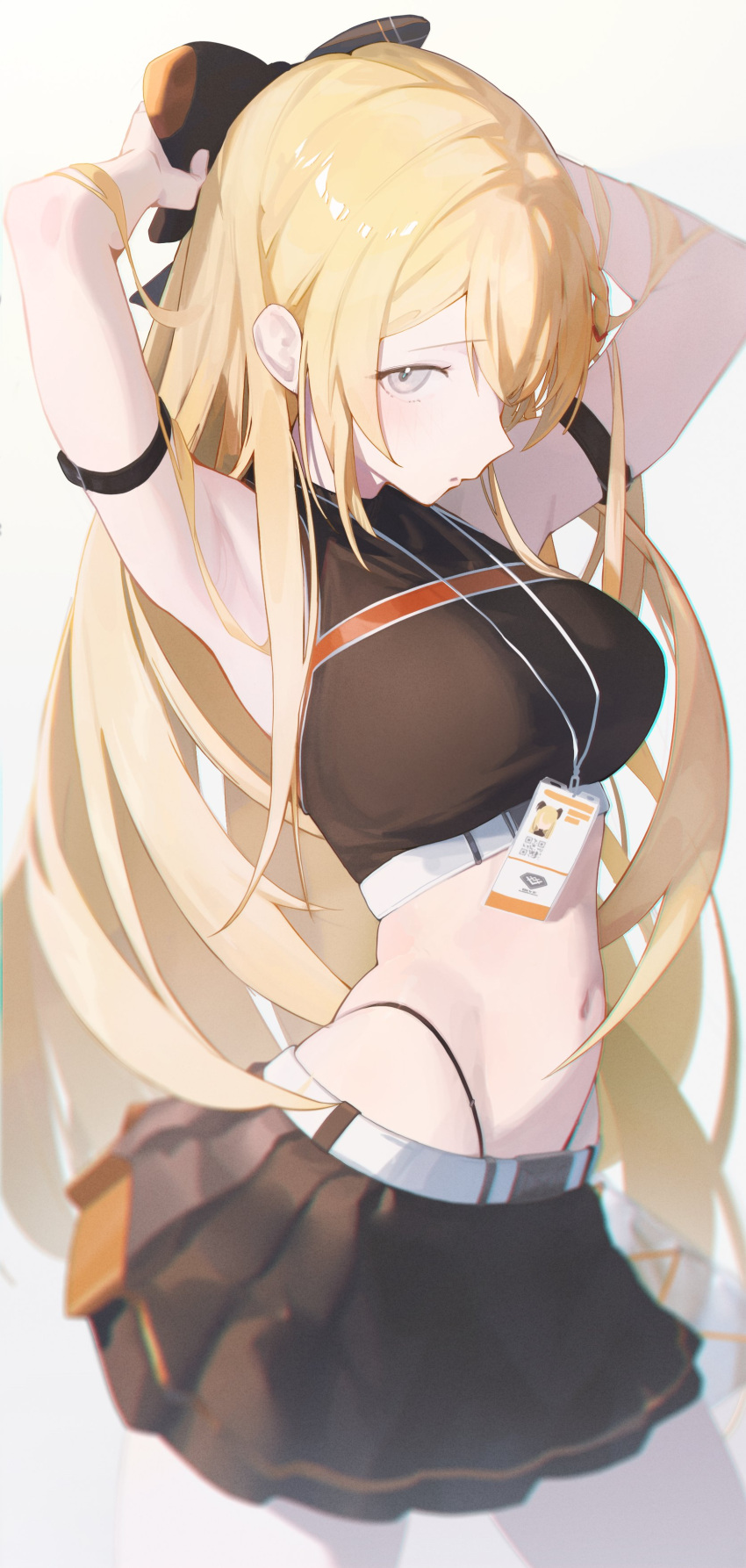 1girl absurdres arm_strap armpits arms_behind_head arms_up bare_shoulders belt black_shirt black_skirt blonde_hair blurry bow breasts commission cowboy_shot crop_top darah depth_of_field expressionless grey_eyes hair_bow highleg highres id_card lanyard large_breasts long_hair looking_at_viewer midriff miniskirt navel original panty_straps pleated_skirt shirt simple_background skirt sleeveless sleeveless_shirt solo sonya_(schan) standing stomach very_long_hair white_background