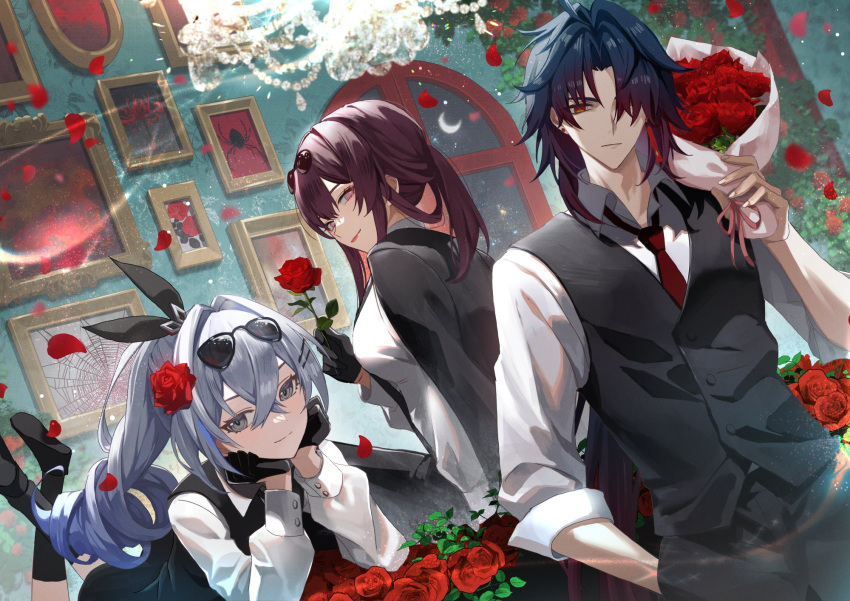 1boy 2girls alternate_costume asagizuisen black_gloves black_hair blade_(honkai:_star_rail) bouquet drill_hair drill_ponytail eyewear_on_head flower formal gloves grey_eyes grey_hair hair_flower hair_ornament hair_ribbon highres holding holding_bouquet honkai:_star_rail honkai_(series) kafka_(honkai:_star_rail) long_hair long_sleeves looking_at_viewer multiple_girls necktie picture_frame ponytail purple_eyes purple_hair red_eyes red_flower red_rose ribbon rose silver_wolf_(honkai:_star_rail) single_drill sunglasses