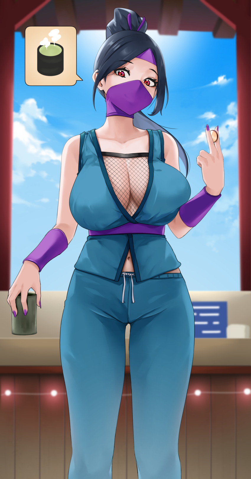 1girl arm_guards bare_shoulders black_hair blue_pants blue_shirt breasts cleavage cloud cup fishnets headband high_ponytail highres holding holding_cup japanese_clothes large_breasts mask mouth_mask navel ninja ninja_mask noir_(4chan) original pants parted_bangs ponytail purple_headband purple_nails red_eyes shirt sidelocks sky sleeveless sleeveless_shirt solo standing underbust v