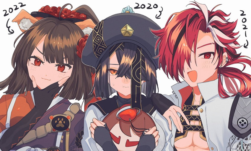 1boy 2girls ahoge animal_ears black_hair brown_eyes brown_hair dog_ears doll_hug ear_piercing fate/grand_order fate_(series) fingerless_gloves gloves hair_over_one_eye hat highres japanese_clothes kimono kyokutei_bakin_(fate) mole mole_under_eye multiple_girls object_hug piercing pout red_eyes red_hair smile somai_(so_mai5) takasugi_shinsaku_(fate) white_background xu_fu_(fate)