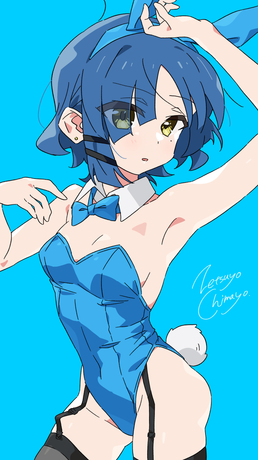 1girl absurdres animal_ears arm_up armpits bare_arms black_thighhighs blue_hair blue_leotard bocchi_the_rock! bow bowtie detached_collar fake_animal_ears garter_straps hair_over_one_eye highres leotard open_mouth parted_lips playboy_bunny rabbit_ears rabbit_tail short_hair solo tail thighhighs yamada_ryou yellow_eyes zetsuyo_chimayo zettai_ryouiki