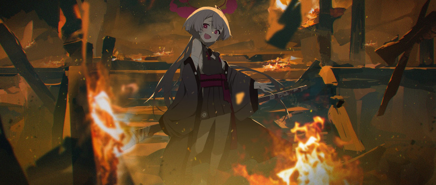 1girl bandaged_arm bandages bare_shoulders bell blue_archive blush clothing_cutout detached_sleeves fire flat_chest gauze gauze_on_cheek grey_hair grey_sleeves halo highres jingle_bell long_hair obi open_mouth ph. red_eyes red_halo sash shuro_(blue_archive) smile solo standing