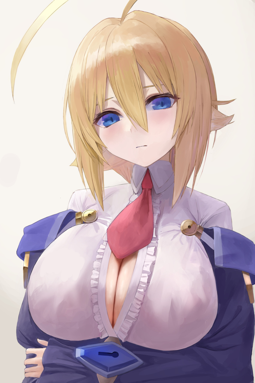 1girl ahoge blazblue blonde_hair blue_eyes blush breasts center_opening cleavage closed_mouth collared_shirt covered_nipples crossed_arms dress es_(xblaze) frilled_dress frills hair_between_eyes highres huge_ahoge huge_breasts kaeru_(meriruou) large_breasts looking_at_viewer necktie red_necktie shirt simple_background solo upper_body white_background white_shirt xblaze xblaze_code:_embryo