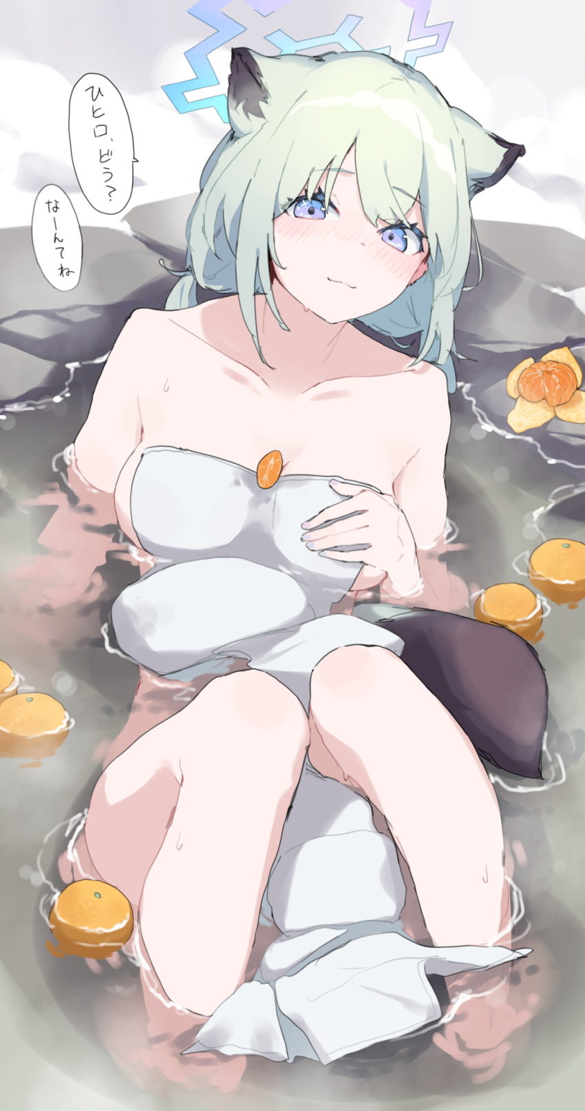 1girl animal_ears blue_archive blue_halo blush breasts closed_mouth collarbone food fruit green_hair halo highres looking_at_viewer makkurourufu mandarin_orange medium_breasts naked_towel official_alternate_costume onsen partially_submerged purple_eyes rock shigure_(blue_archive) shigure_(hot_spring)_(blue_archive) short_hair solo speech_bubble towel translation_request water weasel_ears white_towel