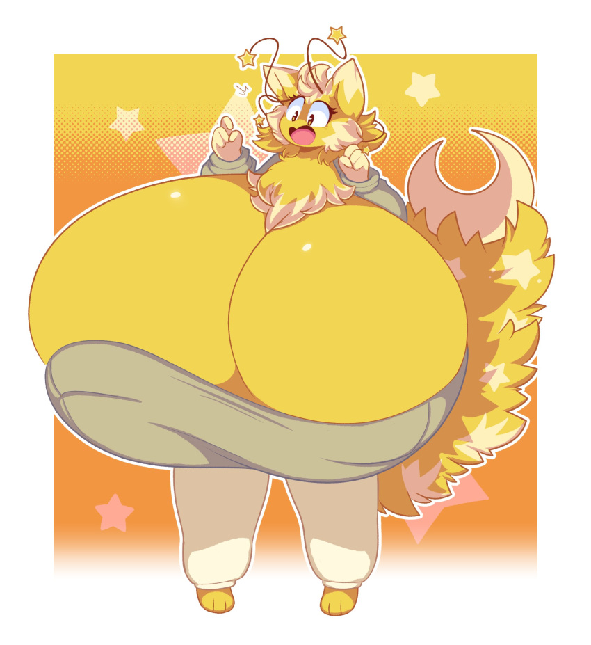 absurd_res antennae_(anatomy) anthro big_breasts bottomwear breasts cleavage clothed clothing dewy-eyedboy female hi_res huge_breasts hyper hyper_breasts open_mouth pants shirt solo standing star tail topwear unknown_character unknown_species yellow_body yellow_eyes