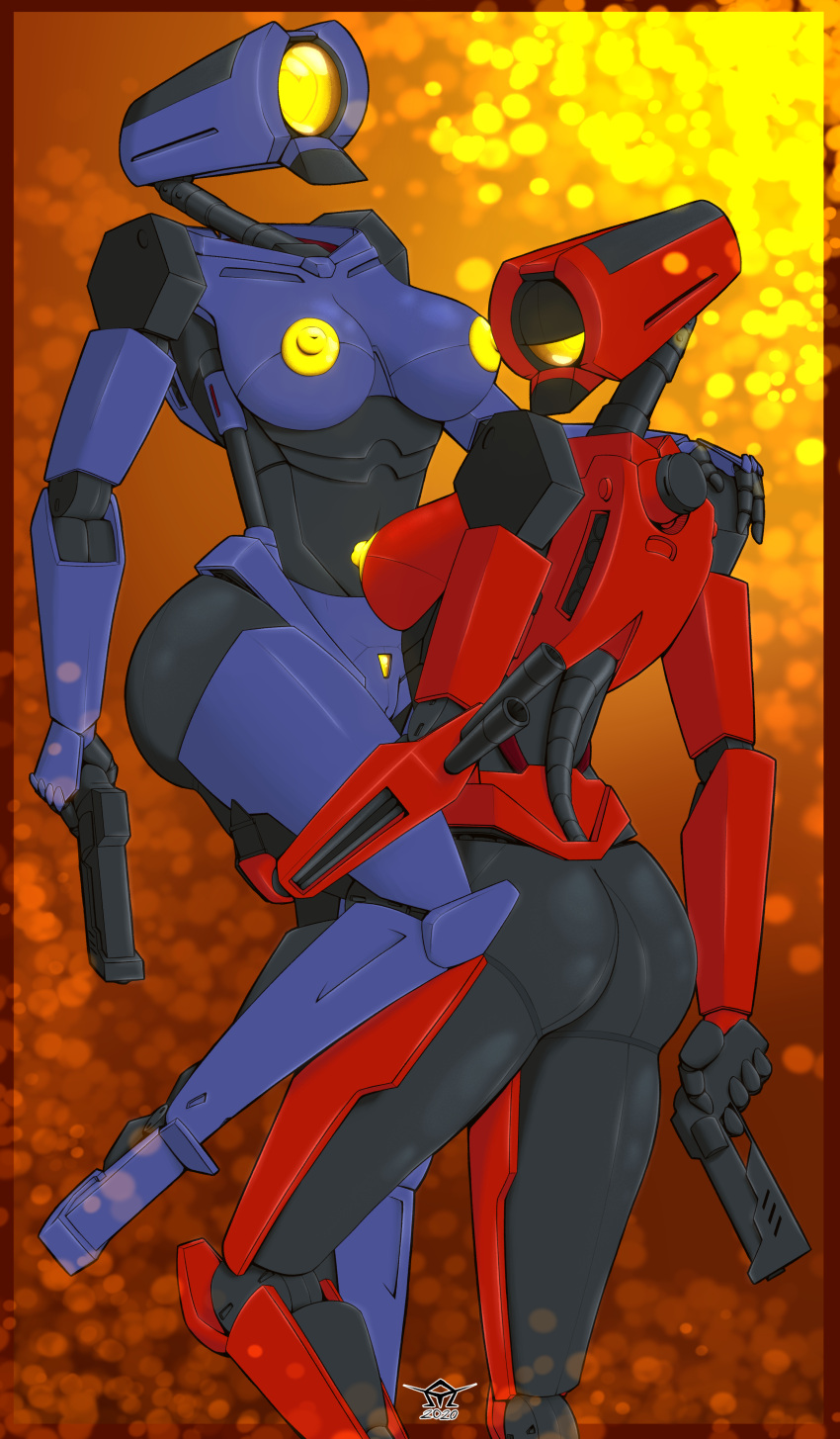 1_eye 2021 absurd_res big_breasts blue_body breasts butt duo female female/female genitals gun hi_res holding_gun holding_object holding_weapon humanoid humanoid_on_humanoid machine new_blood_interactive nipples not_furry nude omeyega pussy ranged_weapon red_body robot robot_humanoid ultrakill v1_(ultrakill) v2_(ultrakill) weapon yellow_nipples