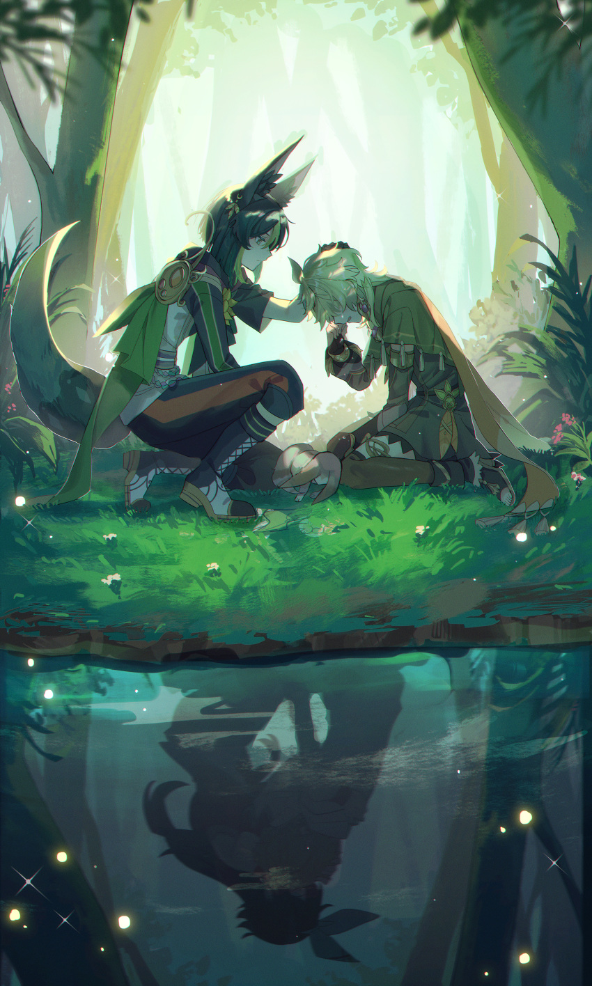1boy 1girl absurdres amber_(genshin_impact) animal_ears black_dress black_hair blunt_ends cape collei_(genshin_impact) comforting commentary_request crying different_reflection dress fox_boy fox_ears fox_tail genshin_impact grass green_cape green_eyes green_hair gurugnsn headpat highres long_hair multicolored_hair reflection streaked_hair tail tighnari_(genshin_impact) wavy_hair