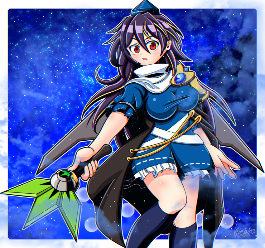 1girl armor black_socks blue_dress blue_hair blush border commentary_request dark_blue_hair dress feet_out_of_frame frills hair_between_eyes hat hauchiwa holding holding_stick iizunamaru_megumu kneehighs knees_together_feet_apart long_hair looking_at_viewer mechanical_wings night night_sky object_request outline outside_border pauldrons petticoat puffy_short_sleeves puffy_sleeves red_eyes shimaya_naokazu short_sleeves shoulder_armor single_pauldron sky socks solo standing star_(sky) starry_background stick tokin_hat touhou turtleneck very_long_hair white_border white_outline wings