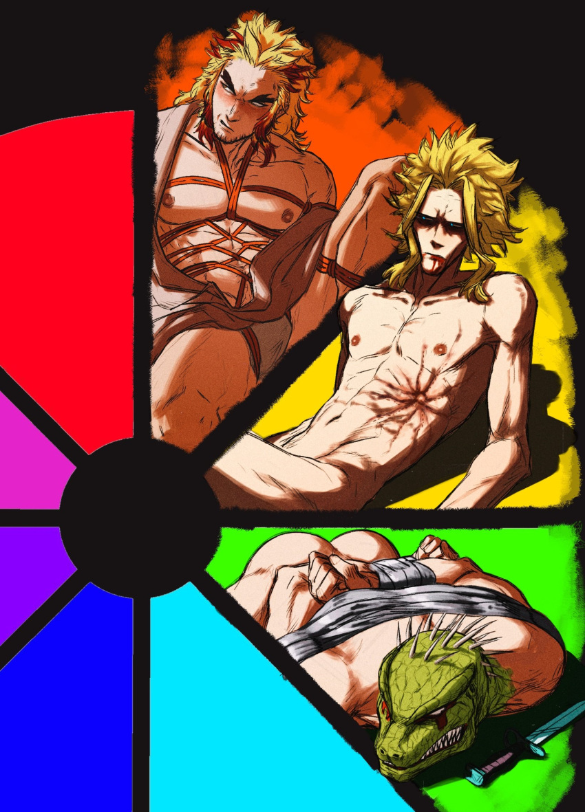 3boys abs arms_behind_back ass averting_eyes bara bare_pectorals blonde_hair boku_no_hero_academia bound bound_arms breast_bondage bulge caiman_(dorohedoro) clenched_teeth color_wheel_challenge colored_tips completely_nude cropped_legs crotch_bondage dorohedoro embarrassed facial_hair forked_eyebrows framed_crotch goatee_stubble green_scales highres japanese_clothes kimetsu_no_yaiba kimono knee_up large_pectorals lizardman looking_to_the_side lying male_focus mature_male medium_hair multicolored_hair multiple_boys multiple_drawing_challenge muscular muscular_male navel nipples nude on_stomach open_clothes open_kimono pectorals red_hair red_rope rengoku_shinjurou reptile_boy rope scar shaded_face shibari skinny smokerichi sparse_navel_hair spikes spread_legs stomach stubble tape tape_bondage teeth thick_eyebrows thighs unfinished yagi_toshinori