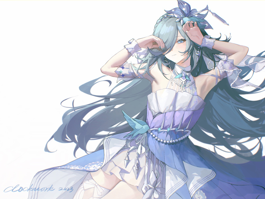 1girl absurdres armpits arms_up art_program_in_frame bare_shoulders bird_hair_ornament breasts closed_mouth commentary_request dress fu_hua fu_hua_(azure_empyrea) grey_hair hair_ornament hair_over_one_eye highres honkai_(series) honkai_impact_3rd long_hair looking_at_viewer nail_polish official_alternate_costume open_hands simple_background single_thighhigh small_breasts solo thighhighs tutou_jiang twitter_username upper_body white_background white_dress white_thighhighs