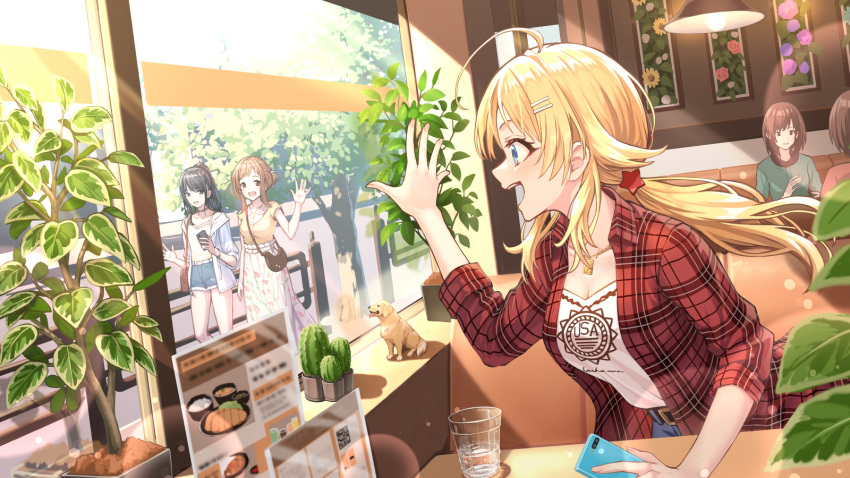 5girls ahoge blonde_hair blush breasts cleavage extra hachimiya_meguru highres holding holding_phone idolmaster idolmaster_shiny_colors indoors jacket kazano_hiori lens_flare light_rays looking_at_another macha0331 medium_breasts multiple_girls phone plaid plaid_jacket plant potted_plant red_jacket restaurant sakuragi_mano smile sunlight twintails waving