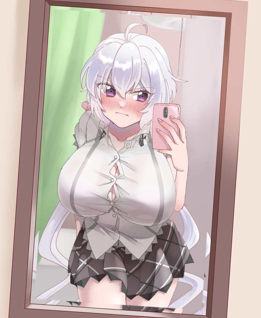 1girl ahoge blush bra bra_peek breasts button_gap buttons cellphone cleavage collared_shirt cowboy_shot dress_shirt grey_hair grey_skirt hair_between_eyes highres holding holding_phone large_breasts long_hair lydian_academy_school_uniform mirror phone pleated_skirt pojitaro purple_eyes reflection school_uniform selfie senki_zesshou_symphogear shirt short_sleeves skirt smartphone solo twintails underwear white_shirt yukine_chris