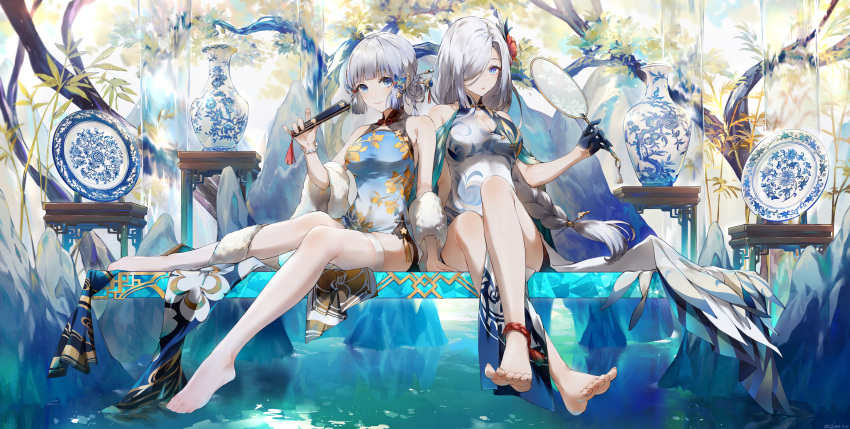 2girls :o absurdres alternate_costume barefoot blue_dress blue_eyes blue_gloves blue_hair blunt_bangs blunt_tresses bracelet braid braided_ponytail breasts case china_dress chinese_clothes cleavage cleavage_cutout closed_mouth clothing_cutout crossed_ankles dress folded_fan folding_fan full_body fur_shawl genshin_impact gloves hair_ornament hair_over_one_eye hair_stick half_gloves hand_fan highres holding holding_fan jewelry kamisato_ayaka light_blue_hair long_hair looking_at_viewer multiple_girls open_mouth paper_fan pearl_bracelet plate shawl shenhe_(genshin_impact) sitting sleeveless sleeveless_dress smile swkl:d thighhighs tree uchiwa very_long_hair water white_dress white_hair white_thighhighs