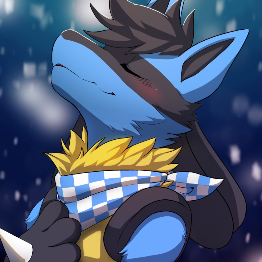 1:1 anthro black_body black_fur black_hair blue_body blue_fur blue_kerchief blue_neckerchief blush bust_portrait closed_smile eyes_closed fur generation_4_pokemon hair hand_on_chest hi_res kerchief kuttoyaki lucario male mouth_closed neckerchief nintendo pokemon pokemon_(species) portrait simple_background slight_smile solo white_kerchief white_neckerchief yellow_body yellow_fur