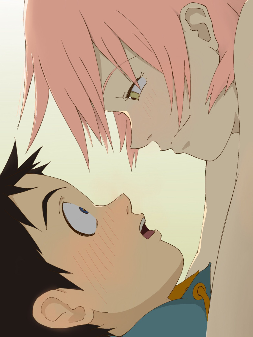 1boy 1girl closed_mouth flcl haruhara_haruko highres nagumi1984 nandaba_naota open_mouth pink_hair short_hair simple_background smile white_background yellow_eyes