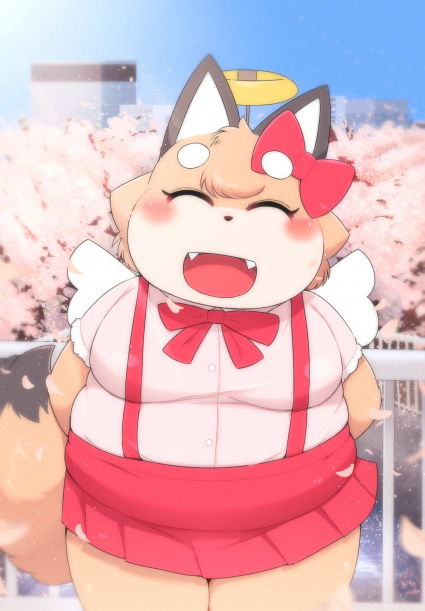 accessory anthro belly big_belly blush bottomwear bow_(feature) bow_accessory bow_ribbon breasts building canid canine cherry_blossom cherry_blossom_tree cherry_tree clothed clothing day detailed_background digital_media_(artwork) eyebrows eyelashes eyes_closed fangs female fox fruit_tree fur hair hair_accessory halo hands_behind_back hi_res mammal open_mouth open_smile outside overweight overweight_anthro pedals pink_clothing pink_shirt pink_topwear plant rantan_chan red_bottomwear red_clothing red_hair_bow red_skirt ribbons shirt skirt sky smile solo tail teeth tenshi_chan tongue topwear tree wings