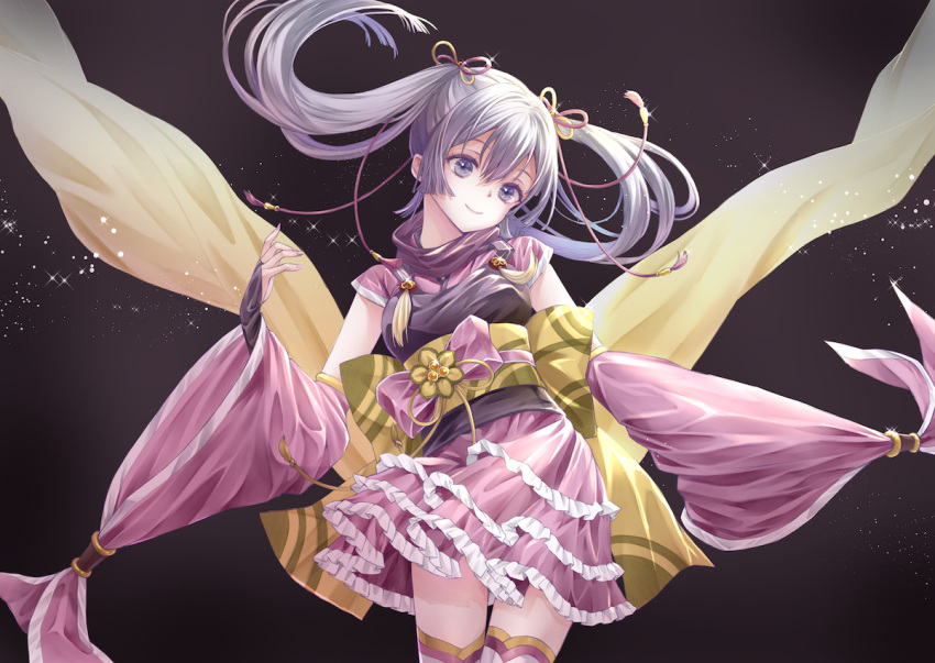 1girl arm_at_side bridal_gauntlets brown_background closed_mouth cowboy_shot detached_sleeves frilled_kimono frills furisode grey_hair hair_ribbon hand_up head_tilt japanese_clothes kimono kimono_skirt long_hair looking_at_viewer magia_record:_mahou_shoujo_madoka_magica_gaiden magical_girl mahou_shoujo_madoka_magica purple_eyes purple_kimono purple_ribbon purple_scarf ribbon riri_(ririwaldorf) scarf short_kimono short_sleeves sidelocks smile solo sparkle thighhighs tokime_shizuka twintails wide_sleeves yellow_ribbon