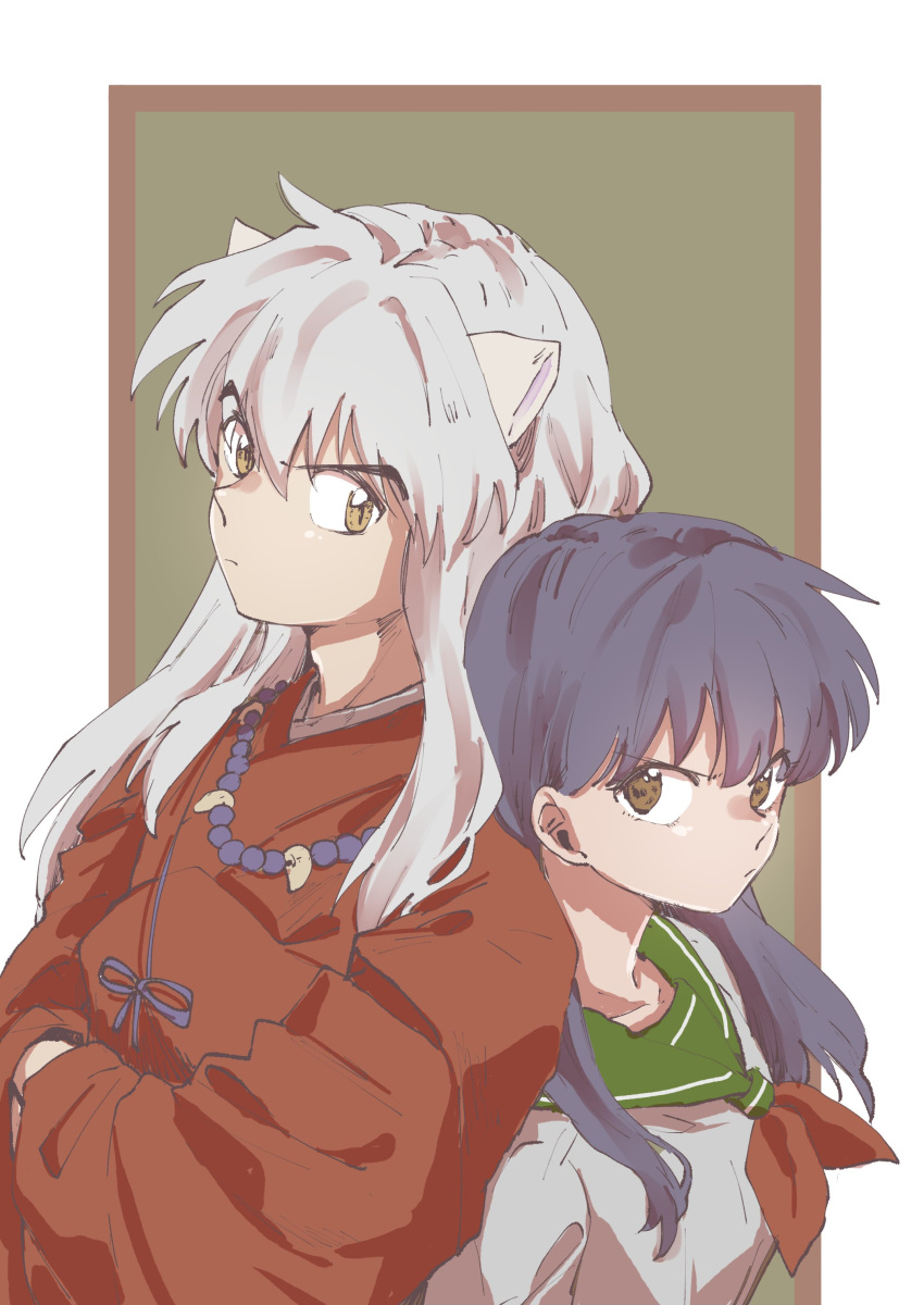 1boy 1girl absurdres angry animal_ears black_hair brown_eyes closed_mouth crossed_arms dog_ears hair_between_eyes highres higurashi_kagome inuyasha inuyasha_(character) japanese_clothes jewelry kayo1102 kimono long_hair long_sleeves looking_at_another necklace school_uniform shirt upper_body white_shirt wide_sleeves