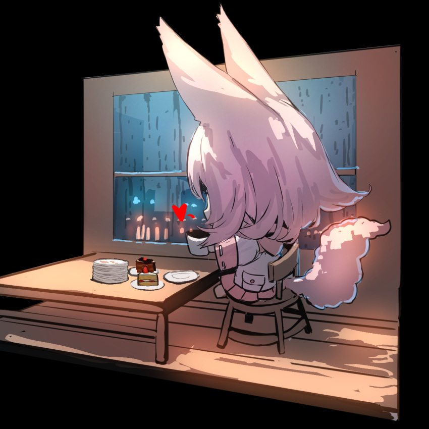 1girl animal_ears barefoot black_background cake cake_slice chibi commentary_request cup facing_away food fox_ears fox_girl fox_tail fruit grey_hair heart highres holding holding_cup hood hood_down hooded_jacket indoors jacket long_sleeves night night_sky on_chair original pink_skirt plate pleated_skirt ribbon-trimmed_sleeves ribbon_trim simple_background sitting skirt sky solo strawberry table tail water white_jacket wide_sleeves window wooden_floor yuuji_(yukimimi)