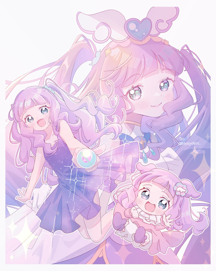 1girl absurdres aqua_eyes arched_bangs blush brooch commentary_request cure_majesty dress ellee-chan eyelashes gloves hair_ornament hand_up happy highres hirogaru_sky!_precure holding jewelry lilylily0601 long_hair looking_at_viewer magical_girl multiple_views open_mouth pink_hair precure purple_dress purple_hair signature smile sparkle standing white_background white_gloves wing_brooch wing_hair_ornament