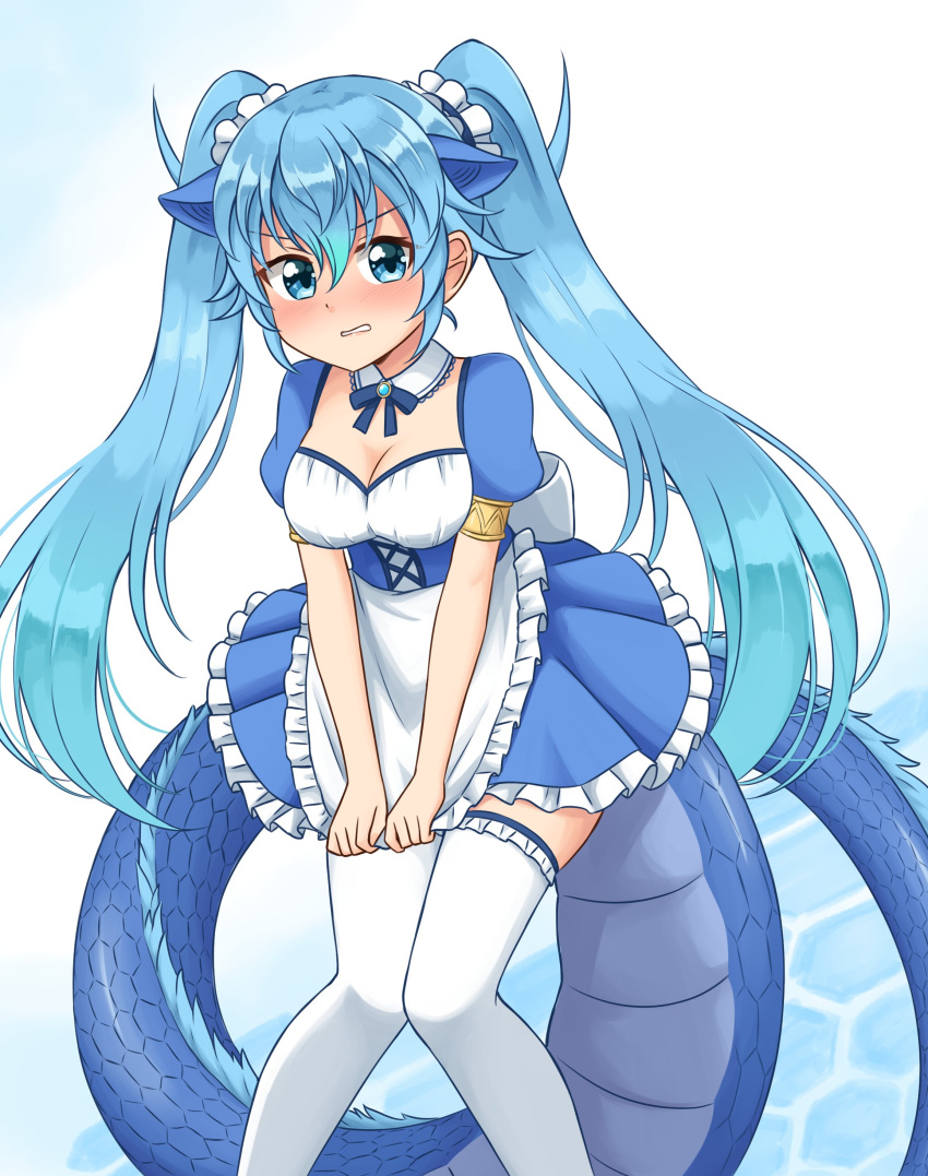 absurdres alternate_costume apron blue_bow blue_bowtie blue_dress blue_eyes blue_hair blush bow bowtie detached_collar dragon_ears dragon_girl dragon_tail dress dress_tug enmaided frilled_apron frilled_dress frills highres kemono_friends long_hair looking_at_viewer maid maid_apron maid_headdress puffy_short_sleeves puffy_sleeves seiryuu_(kemono_friends) shiraha_maru short_sleeves tail thighhighs twintails white_thighhighs zettai_ryouiki