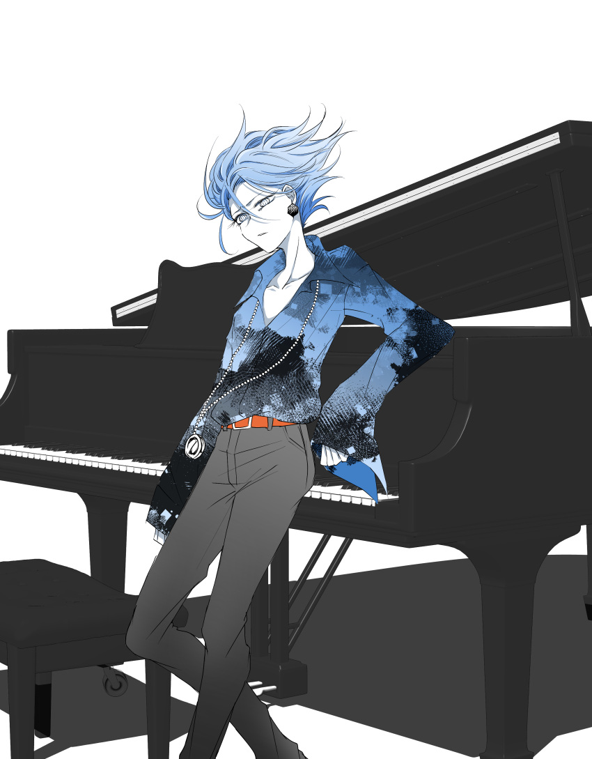 1boy absurdres belt black_pants blue_hair blue_shirt earrings grey_eyes hair_between_eyes highres instrument j0h_(j000h3) jewelry necklace otogami_sorachika pale_skin pants piano pppppp shirt sleeves_past_wrists solo standing