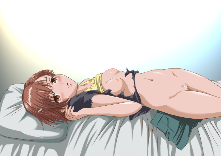 1girl after_sex asymmetrical_bangs bar_censor bed bed_sheet black_shirt blue_shorts blush bob_cut bottomless breasts brown_background brown_eyes brown_hair censored clothes_lift commentary denim denim_shorts embarrassed female_pubic_hair gradient_background grey_background groin hair_ornament hairclip hand_up highres hip_bones looking_at_viewer looking_to_the_side lying misaka_mikoto mutsuki_kurumi navel nipples no_bra no_panties on_back on_bed open_mouth parted_lips pillow pubic_hair pussy rape shirt shirt_lift short_hair short_shorts short_sleeves shorts single_bare_shoulder small_breasts solo sparse_pubic_hair t-shirt tank_top tearing_up tears text_focus textless_version thighs toaru_kagaku_no_railgun toaru_majutsu_no_index torn_clothes torn_shirt torn_tank_top unworn_shorts variant_set white_background yellow_tank_top