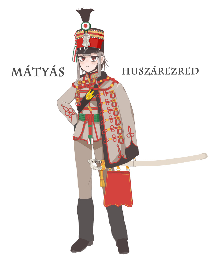 absurdres aiguillette belt grey_hair hat hat_feather highres hungarian_text hungary hussar military_uniform original pelisse red_eyes saber_(weapon) shako shako_cap sword uniform user_kneh2877 weapon