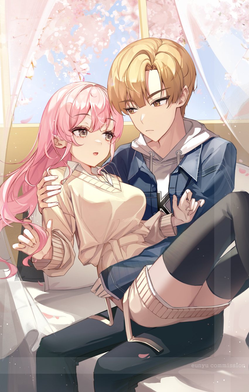 1boy 1girl absurdres black_thighhighs blonde_hair blunt_bangs blush breasts brown_eyes cherry_blossoms clear_sky closed_mouth commentary_request commission couple curtains day denim denim_jacket dress eunyoo hair_between_eyes highres hood hoodie hug jacket large_breasts long_hair looking_at_another on_bed open_mouth original pillow pink_hair short_hair sitting sitting_on_person sky sweater sweater_dress thighhighs white_hoodie wind window zettai_ryouiki