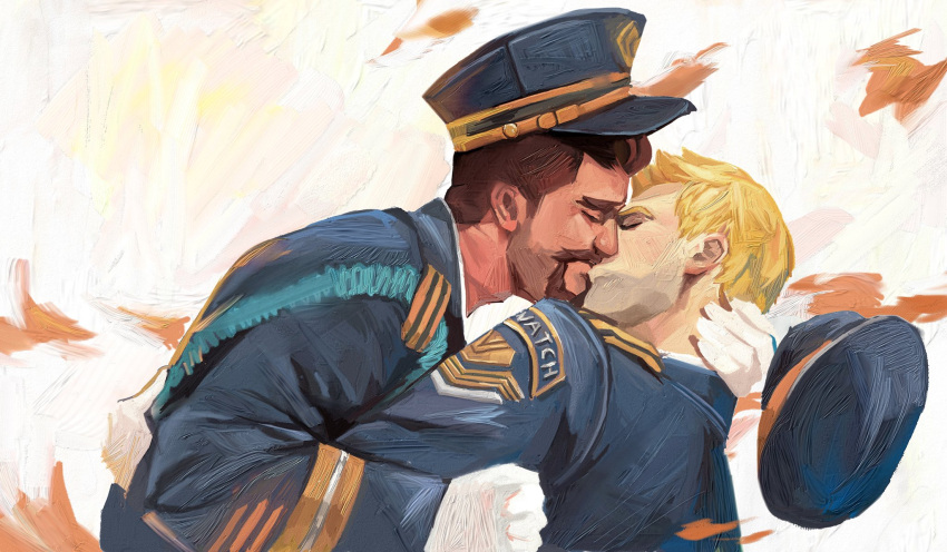 2boys bara beard_stubble couple dark-skinned_male dark_skin facial_hair falling goatee hand_on_another's_neck hat hat_removed headwear_removed highres interracial jinhallz kiss male_focus multiple_boys mustache overwatch police police_uniform policeman reaper_(overwatch) short_hair sideburns smile soldier:_76_(overwatch) thick_eyebrows uniform upper_body yaoi