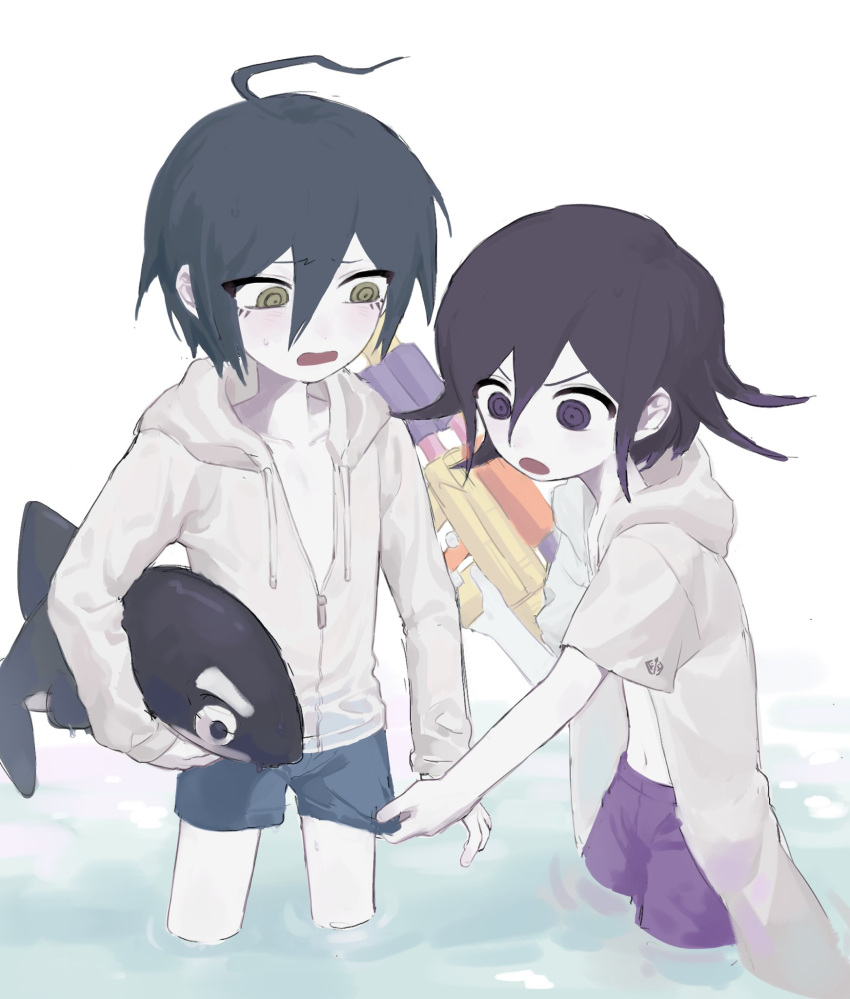 2boys :o ahoge black_hair blue_male_swimwear brown_eyes collarbone danganronpa_(series) danganronpa_v3:_killing_harmony hair_between_eyes highres holding holding_water_gun hood hood_down hooded_jacket jacket kachusha_(katyuuuusha) male_focus male_swimwear multiple_boys oma_kokichi open_clothes open_jacket open_mouth orca pale_skin pink_male_swimwear purple_eyes saihara_shuichi short_hair simple_background water_gun white_background