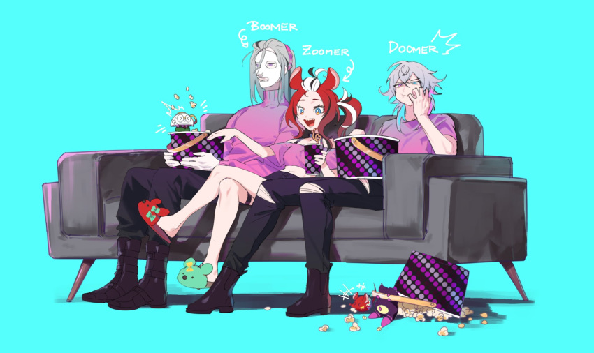 1girl 2boys animal_ears animal_slippers black_footwear black_hair blue_background blue_eyes blue_hair bucket couch crop_top crossed_legs cup disposable_cup drink drinking_straw eating english_commentary english_text food gavis_bettel grey_hair hair_between_eyes hakos_baelz heterochromia highres holding hololive hololive_english holostars holostars_english long_hair looking_ahead lynnear mouse_ears mouse_girl mr._squeaks_(hakos_baelz) multicolored_hair multiple_boys navel noir_vesper on_couch open_mouth pants phantom_(gavis_bettel) pink_eyes pink_shirt pink_sweater ponytail popcorn purple_eyes red_hair sharp_teeth shirt short_hair sitting slippers smile spill sweater teeth torn_clothes torn_pants vesties_(noir_vesper) virtual_youtuber watching_television white_hair