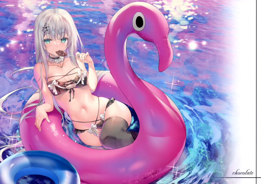 1girl absurdres aqua_eyes bare_arms bare_shoulders breasts chocolate choker collarbone fingernails food frills hair_ornament hairclip highres holding holding_food inflatable_toy innertube jewelry long_hair looking_at_viewer medium_breasts miwabe_sakura navel necklace original partially_submerged ribbon scan shiny_clothes simple_background single_thighhigh solo star_(symbol) star_hair_ornament stomach thighhighs thighs water white_hair