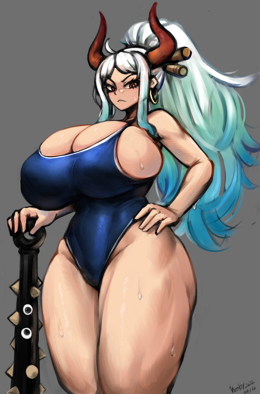 :&lt; absurd_res angry bare_shoulders big_breasts blue_one-piece_swimsuit bodily_fluids breasts brown_horn cleavage clothed clothing curvy_figure ear_piercing ear_ring eyelashes female glistening glistening_body gradient_hair green_hair grey_background hair half-closed_eyes hand_on_hip hi_res holding_mace holding_object holding_weapon horn horned_humanoid huge_breasts humanoid long_hair looking_at_viewer mace melee_weapon narrowed_eyes one-piece_swimsuit one_piece piercing ponytail portrait red_horn ring_piercing side_boob simple_background skindentation solo standing sweat swimwear thick_thighs three-quarter_portrait tight_clothing voluptuous weapon wet white_hair wide_hips yamato_(one_piece) yboon