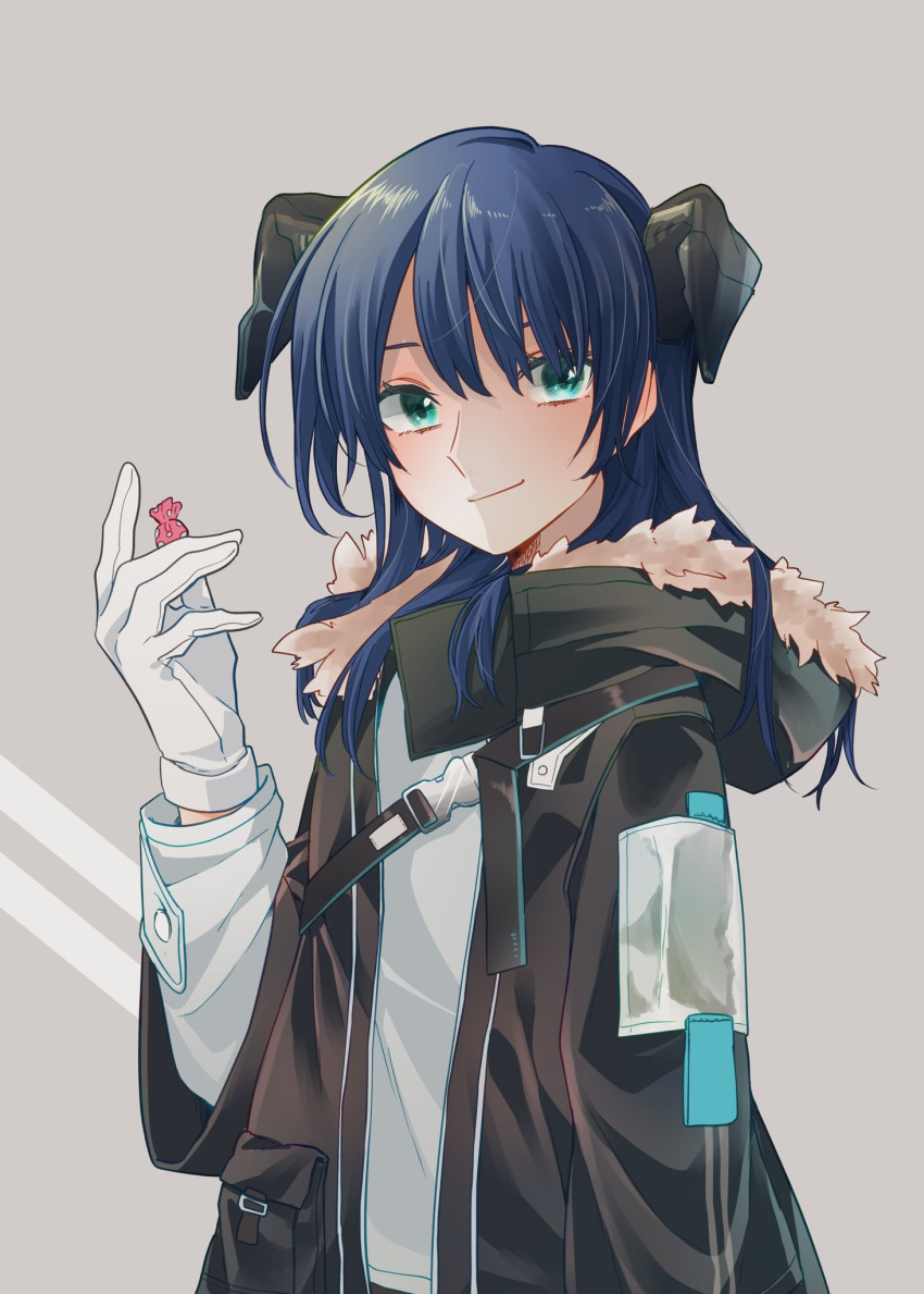 1girl arknights black_jacket blue_eyes blue_hair candy closed_mouth commentary demon_horns food fur-trimmed_hood fur_trim gloves grey_background highres holding holding_candy holding_food hood hooded_jacket horns jacket kashikaze long_hair long_sleeves looking_at_viewer mostima_(arknights) open_clothes open_jacket shirt smile solo white_gloves white_shirt