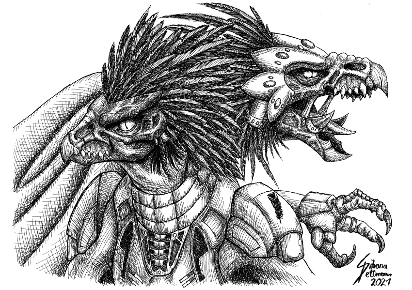 2021 3_fingers absurd_res alien anthro armor avian beak braided bust_portrait cape claws clothing dragunalb duo fangs feather_hair feathered_crest feathers female finger_claws fingers halo_(series) head_crest headgear helmet hi_res kig-yar male microsoft monochrome open_mouth portrait pseudo_hair pupils scales scalie simple_background sketch slit_pupils spaulder t'vaoan talon_hands talons teeth tongue xbox_game_studios