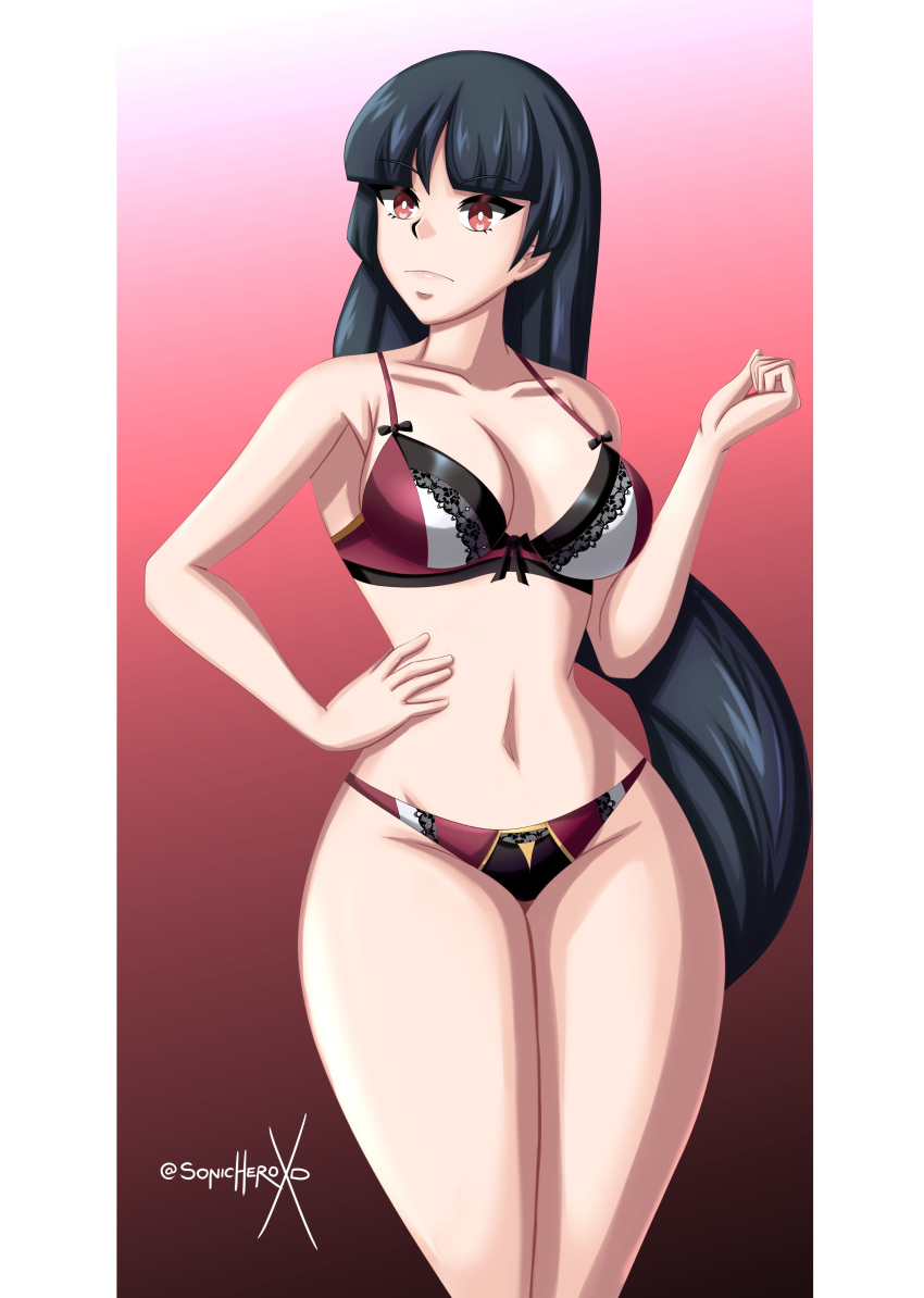 1girl absurdres artist_name bare_arms bare_shoulders bikini blue_hair blunt_bangs breasts cleavage dark_blue_hair hand_on_own_hip highres large_breasts long_hair multicolored_bikini multicolored_clothes pokemon pokemon_(game) red_bikini red_eyes sabrina_(pokemon) solo sonicheroxd straight_hair swimsuit twitter_username