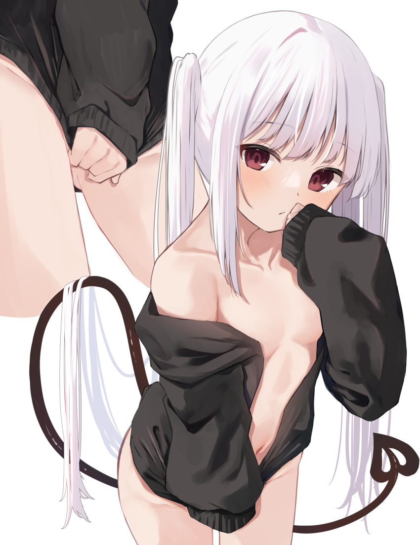 1girl absurdres ass_visible_through_thighs black_jacket blush breasts closed_mouth clothes_tug commentary_request demon_tail hand_up highres hood hood_down hooded_jacket jacket long_hair long_sleeves looking_at_viewer memekko multiple_views navel off_shoulder open_clothes open_jacket original puffy_long_sleeves puffy_sleeves red_eyes simple_background sleeves_past_wrists small_breasts tail twintails very_long_hair white_background white_hair