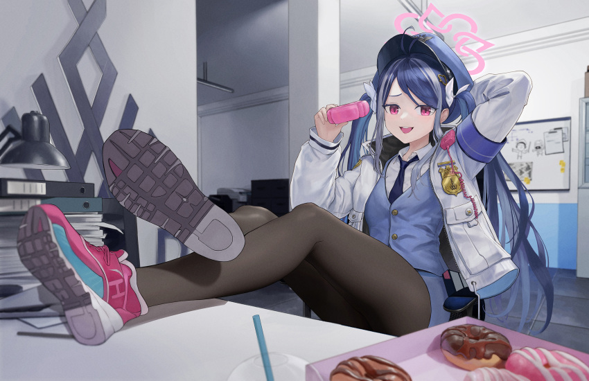 1girl arm_behind_head arm_up black_pantyhose blue_archive blue_hair blue_headwear blue_necktie blue_shirt blue_vest book book_stack collared_shirt commentary crossed_legs desk_lamp doughnut feet_on_table food fubuki_(blue_archive) halo hat highres holding holding_food indoors jacket lamp legs legs_on_table long_hair looking_at_viewer multicolored_hair necktie open_clothes open_jacket pantyhose pastry_box pink_eyes pink_footwear pink_halo police police_hat police_uniform policewoman shadow shirt shoes sitting sneakers solo streaked_hair sunj000 twintails two-tone_hair uniform vest white_hair white_jacket white_shirt